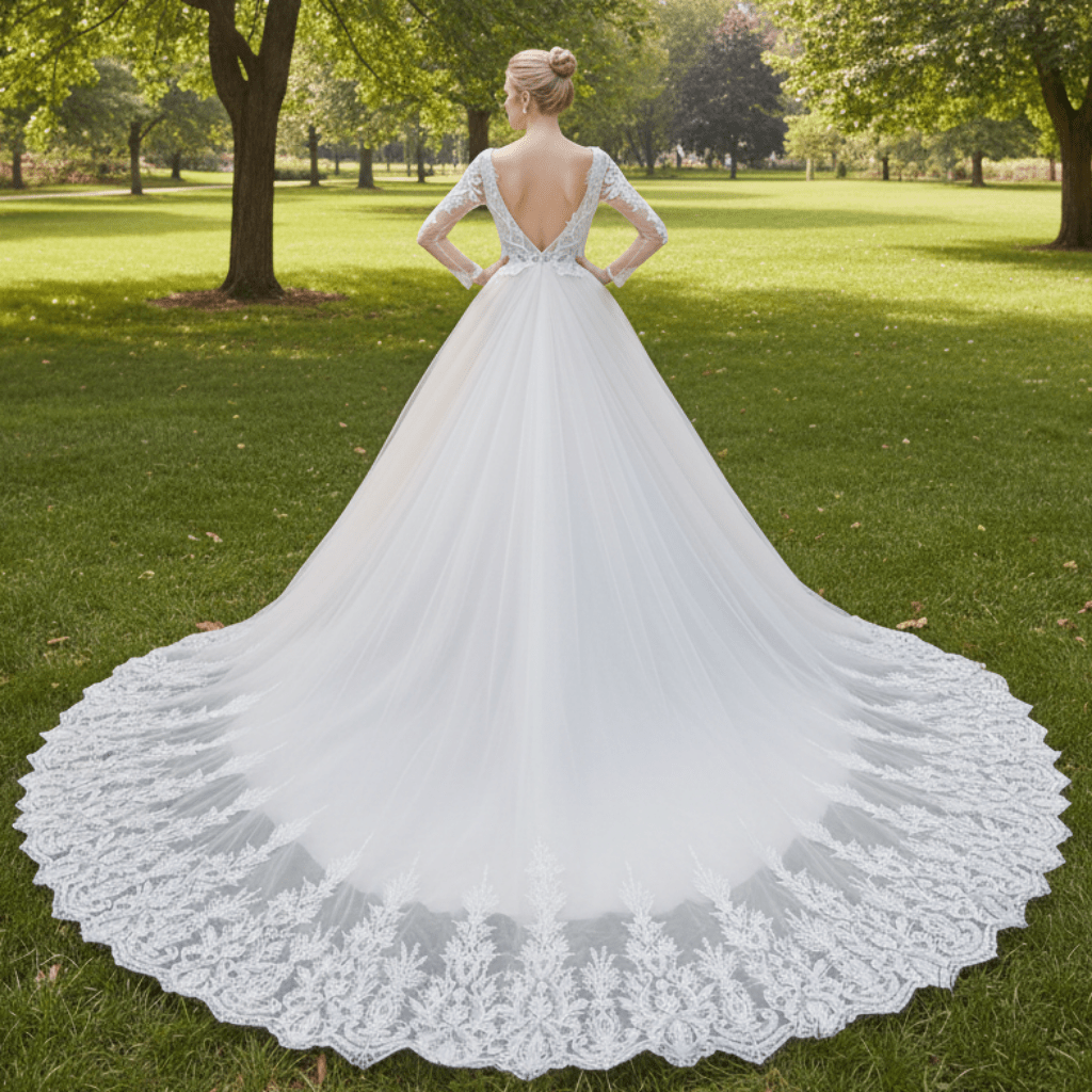 Sparkly Long Sleeve Lace A-Line Wedding Dress with Glitter Tulle - Rosymae