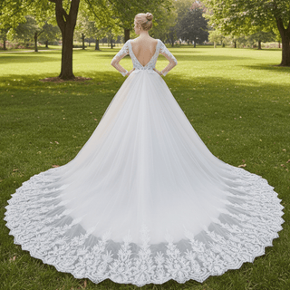 Sparkly Long Sleeve Lace A-Line Wedding Dress with Glitter Tulle - Rosymae