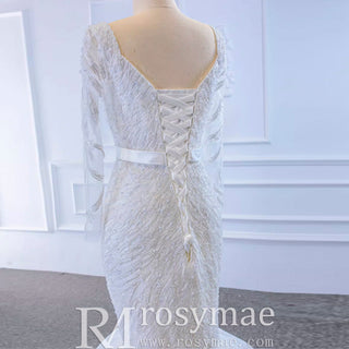 Sparkly Long Sleeve Lace Mermaid Wedding Dress with Low Back - Rosymae