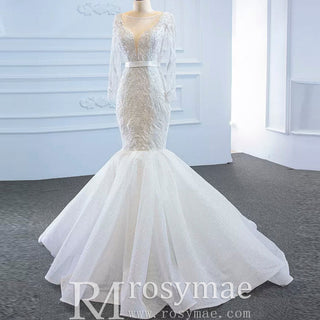 Sparkly Long Sleeve Lace Mermaid Wedding Dress with Low Back - Rosymae