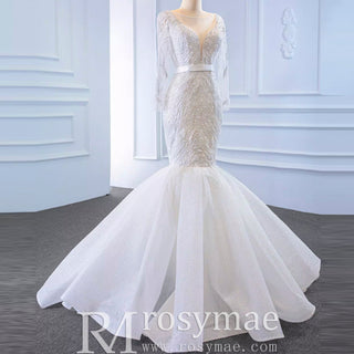 Sparkly Long Sleeve Lace Mermaid Wedding Dress with Low Back - Rosymae