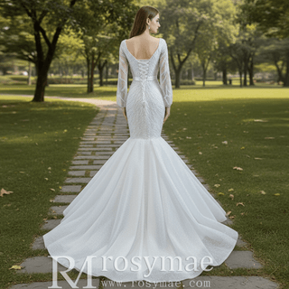 Sparkly Long Sleeve Lace Mermaid Wedding Dress with Low Back - Rosymae