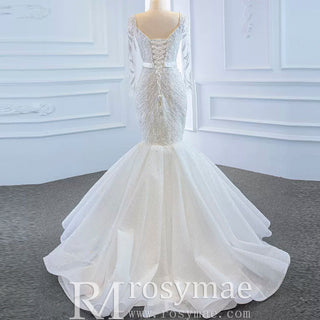 Sparkly Long Sleeve Lace Mermaid Wedding Dress with Low Back - Rosymae