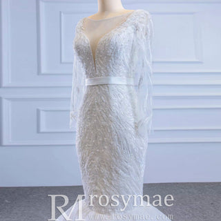 Sparkly Long Sleeve Lace Mermaid Wedding Dress with Low Back - Rosymae