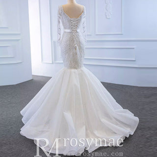 Sparkly Long Sleeve Lace Mermaid Wedding Dress with Low Back - Rosymae