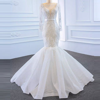 Sparkly Long Sleeve Lace Mermaid Wedding Dress with Low Back - Rosymae
