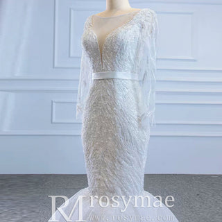 Sparkly Long Sleeve Lace Mermaid Wedding Dress with Low Back - Rosymae