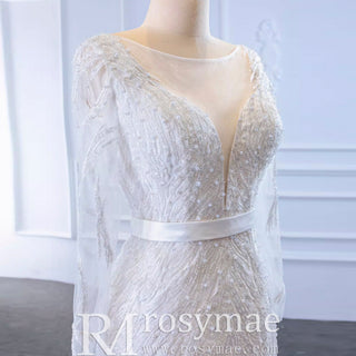 Sparkly Long Sleeve Lace Mermaid Wedding Dress with Low Back - Rosymae