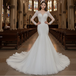 Sheer Puff Long Sleeve Sequin Bling Wedding Dress with Mermaid