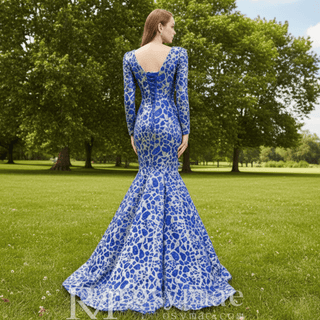 Sparkly Long Sleeve Prom Dress Evening Gown with Queen-ann Neck - Rosymae