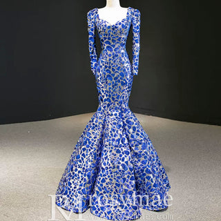 Sparkly Long Sleeve Prom Dress Evening Gown with Queen-ann Neck - Rosymae