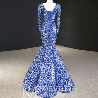 Sparkly Long Sleeve Prom Dress Evening Gown with Queen-ann Neck - Rosymae