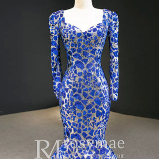 Sparkly Long Sleeve Prom Dress Evening Gown with Queen-ann Neck - Rosymae