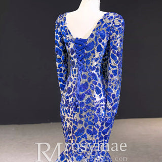 Sparkly Long Sleeve Prom Dress Evening Gown with Queen-ann Neck - Rosymae