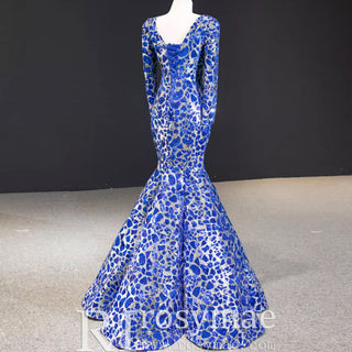 Sparkly Long Sleeve Prom Dress Evening Gown with Queen-ann Neck - Rosymae