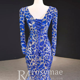Sparkly Long Sleeve Prom Dress Evening Gown with Queen-ann Neck - Rosymae