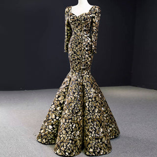 Sparkly Long Sleeve Prom Dress Evening Gown with Queen-ann Neck - Rosymae