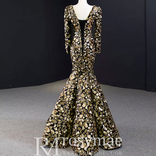 Sparkly Long Sleeve Prom Dress Evening Gown with Queen-ann Neck - Rosymae