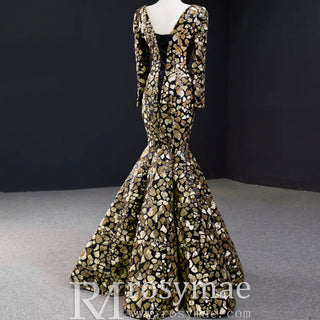 Sparkly Long Sleeve Prom Dress Evening Gown with Queen-ann Neck - Rosymae