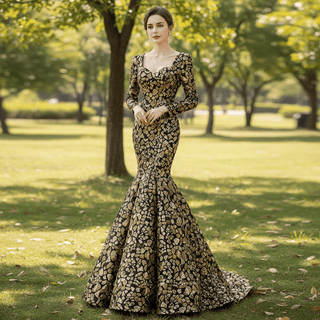 Sparkly Long Sleeve Prom Dress Evening Gown with Queen-ann Neck - Rosymae