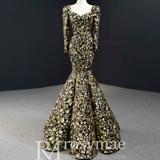 Sparkly Long Sleeve Prom Dress Evening Gown with Queen-ann Neck - Rosymae