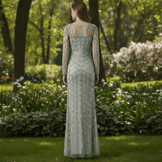 Sparkly Long Sleeve Sheer Neck Evening Dress Party Gown - Rosymae