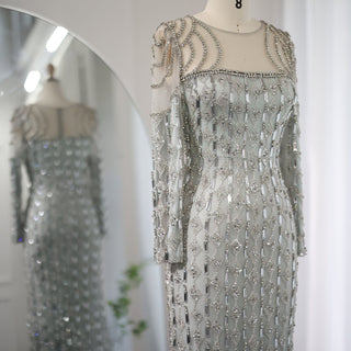 Sparkly Long Sleeve Sheer Neck Evening Dress Party Gown - Rosymae