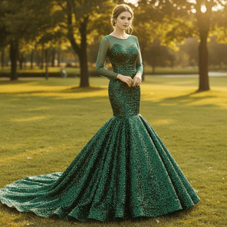 Sparkly Long Sleeve Trumpet Prom Dress Sequins Evening Gown - Rosymae