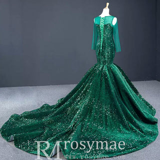 Sparkly Long Sleeve Trumpet Prom Dress Sequins Evening Gown - Rosymae