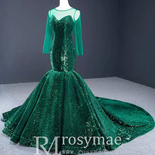Sparkly Long Sleeve Trumpet Prom Dress Sequins Evening Gown - Rosymae