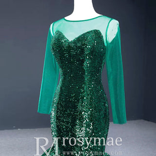 Sparkly Long Sleeve Trumpet Prom Dress Sequins Evening Gown - Rosymae