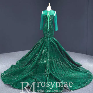 Sparkly Long Sleeve Trumpet Prom Dress Sequins Evening Gown - Rosymae
