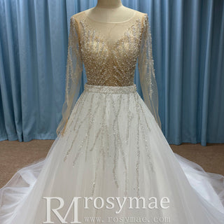 Sparkly Long Sleeve Wedding Dress with Detachable Train - Rosymae