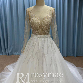 Sparkly Long Sleeve Wedding Dress with Detachable Train - Rosymae