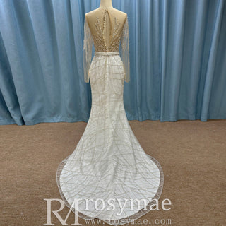 Sparkly Long Sleeve Wedding Dress with Detachable Train - Rosymae