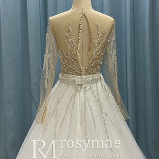 Sparkly Long Sleeve Wedding Dress with Detachable Train - Rosymae