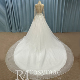 Sparkly Long Sleeve Wedding Dress with Detachable Train - Rosymae