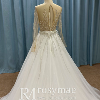 Sparkly Long Sleeve Wedding Dress with Detachable Train - Rosymae