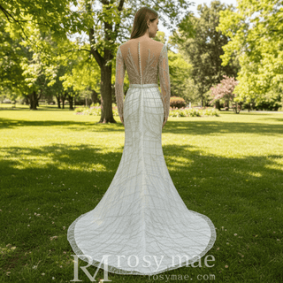 Sparkly Long Sleeve Wedding Dress with Detachable Train - Rosymae