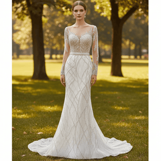 Sparkly Long Sleeve Wedding Dress with Detachable Train - Rosymae