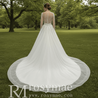 Sparkly Long Sleeve Wedding Dress with Detachable Train - Rosymae