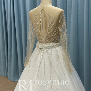 Sparkly Long Sleeve Wedding Dress with Detachable Train - Rosymae