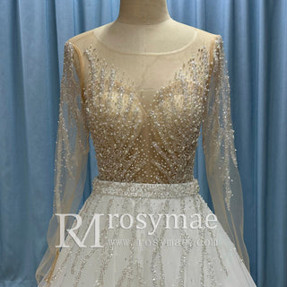 Sparkly Long Sleeve Wedding Dress with Detachable Train - Rosymae