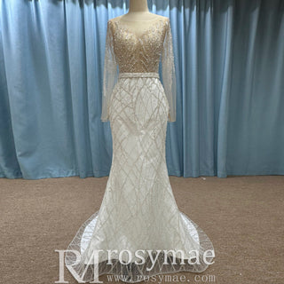 Sparkly Long Sleeve Wedding Dress with Detachable Train - Rosymae