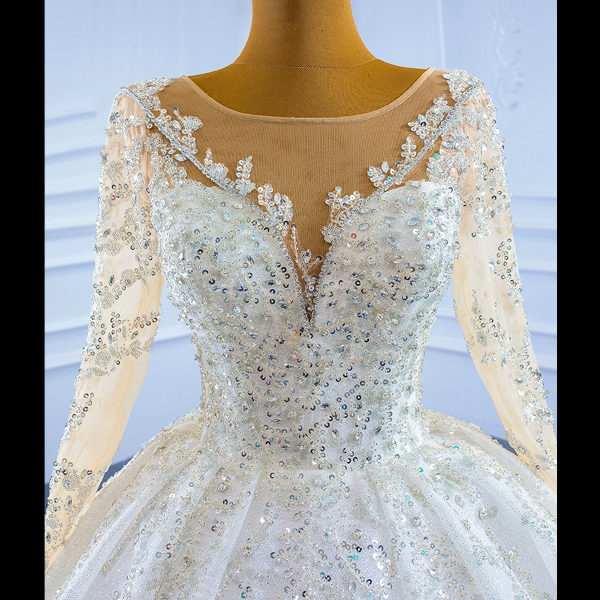 Sparkly Luxury Princess Puffy Wedding Dress with Long Sleeve - Rosymae