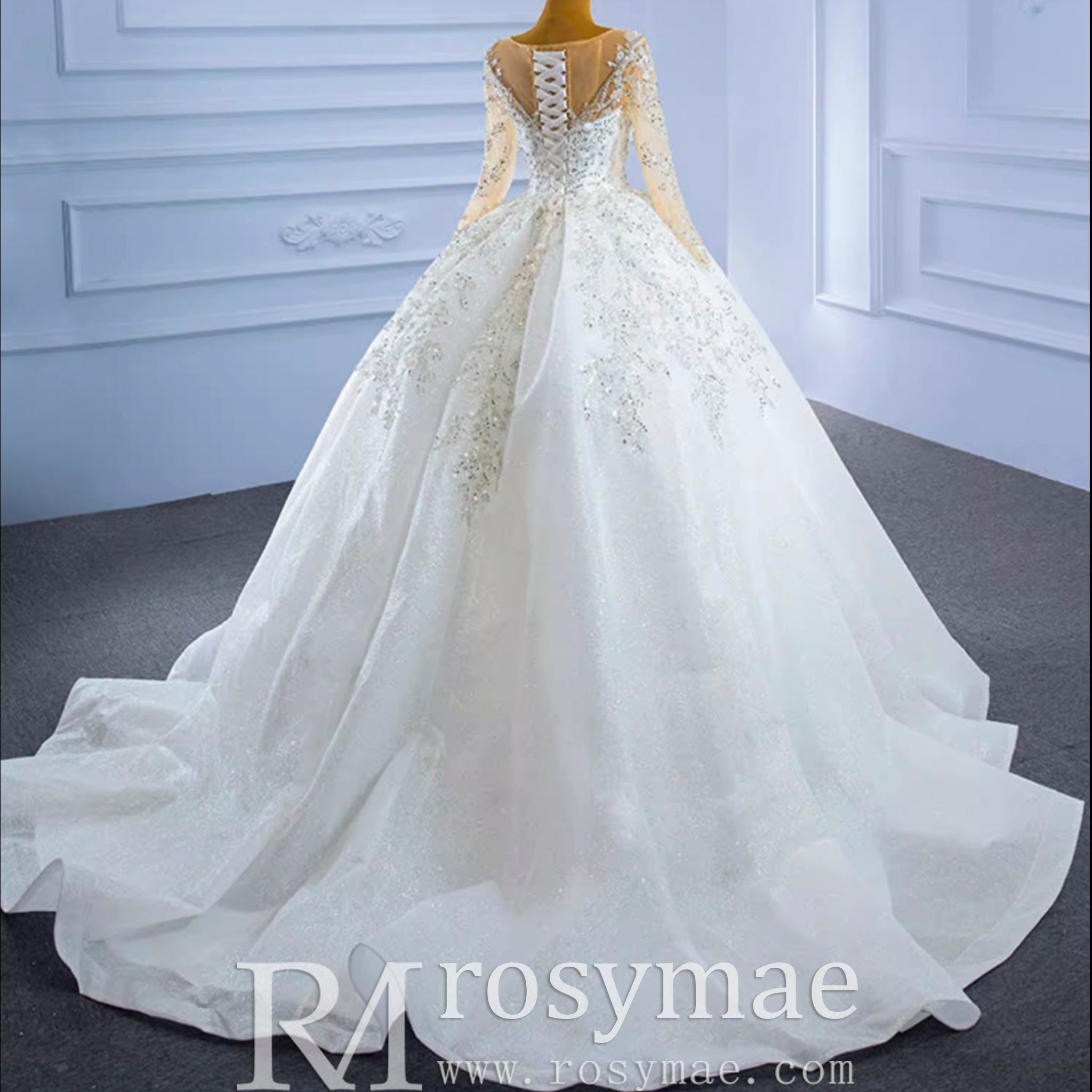Sparkly Luxury Princess Puffy Wedding Dress with Long Sleeve - Rosymae
