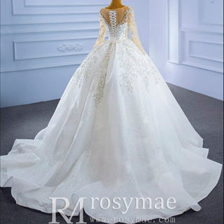 Sparkly Luxury Princess Puffy Wedding Dress with Long Sleeve - Rosymae