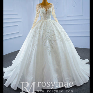 Sparkly Luxury Princess Puffy Wedding Dress with Long Sleeve - Rosymae
