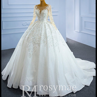 Sparkly Luxury Princess Puffy Wedding Dress with Long Sleeve - Rosymae