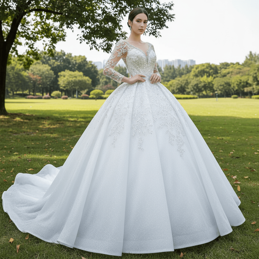 Sparkly Luxury Princess Puffy Wedding Dress with Long Sleeve - Rosymae